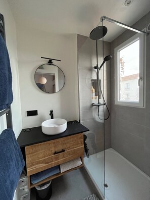 Regadera, secadora de cabello, jabón, papel de baño 