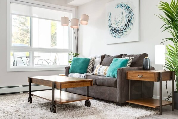 TV, fireplace, books, offices