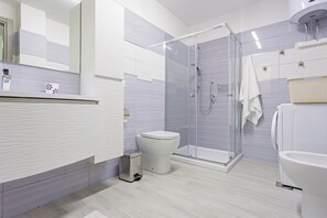 Shower, hair dryer, bidet, towels