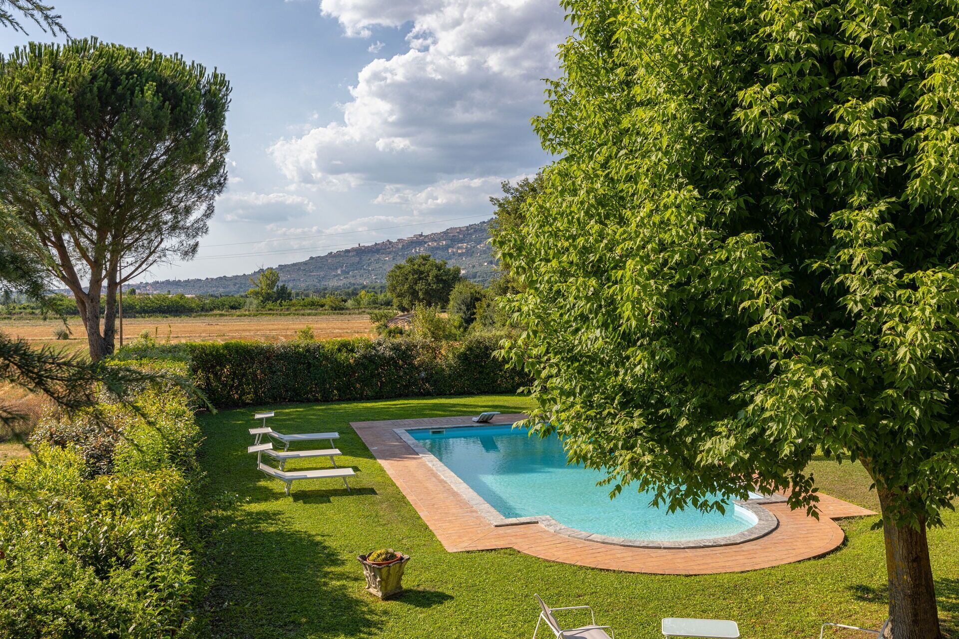 A swimming pool with a paved deck, surrounded by well-maintained grass and trees.