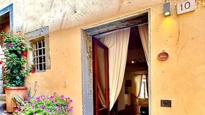 Entrada de um edifício com uma placa com o número 10, uma escadaria de pedra e um vaso com flores cor-de-rosa.