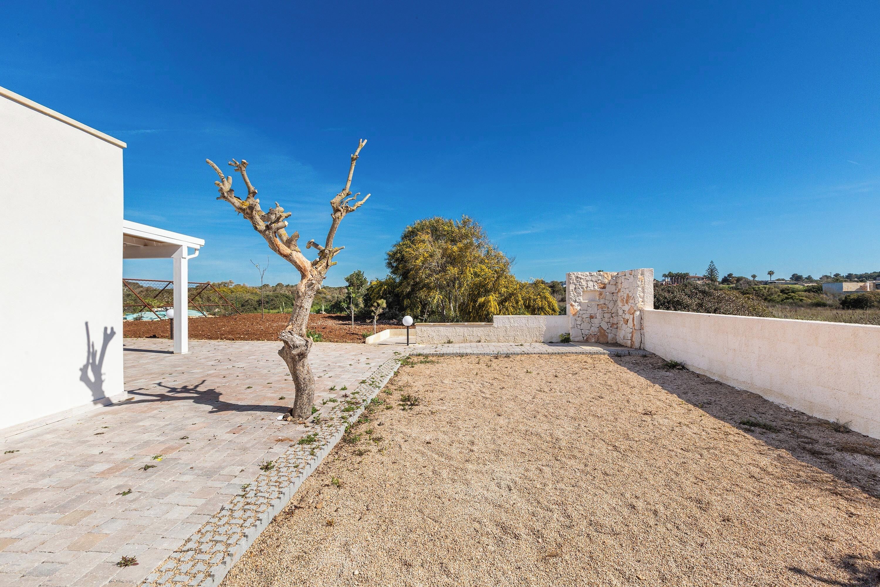 A rooftop terrace with a white building, a tree, and a stone wall.