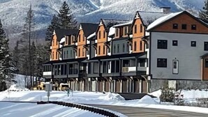 A row of traditional chalet-style buildings with steep roofs and wooden balconies, set against a snowy mountain backdrop. - Bearfoot Lodge (Waterville Valley)