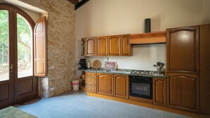 A kitchen with wooden cabinets, a gas stove, and a built-in oven.