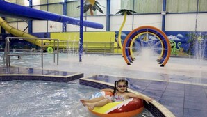 A child in a pool with water slides and a dolphin mural in the background. - Remarkable Caravan- Chapel St Leonard's (Skegness)