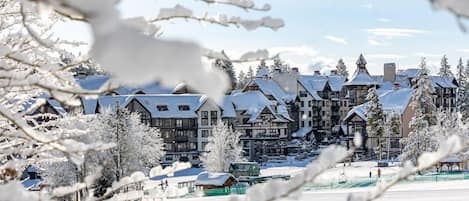 Een gebouwcomplex bedekt met sneeuw, met meerdere gebouwen, waaronder een groot hotel met verschillende verdiepingen en een kleiner gebouw met een groen dak.