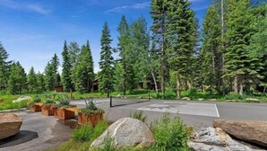 A paved area with wooden planters and large rocks, surrounded by dense green trees.