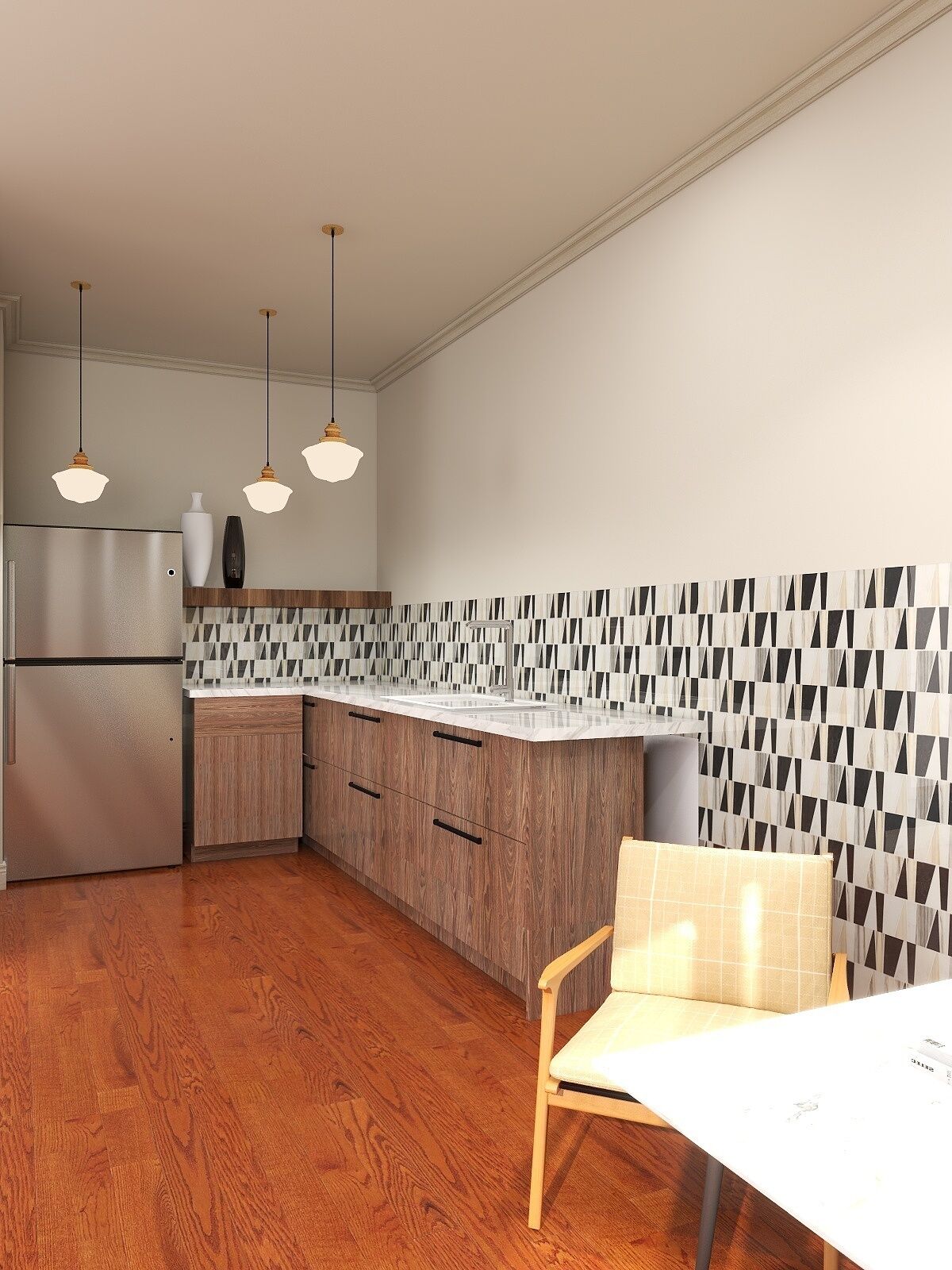 A modern kitchen with wooden cabinets, a stainless steel refrigerator, and a patterned backsplash. There are three pendant lights hanging above the counter.