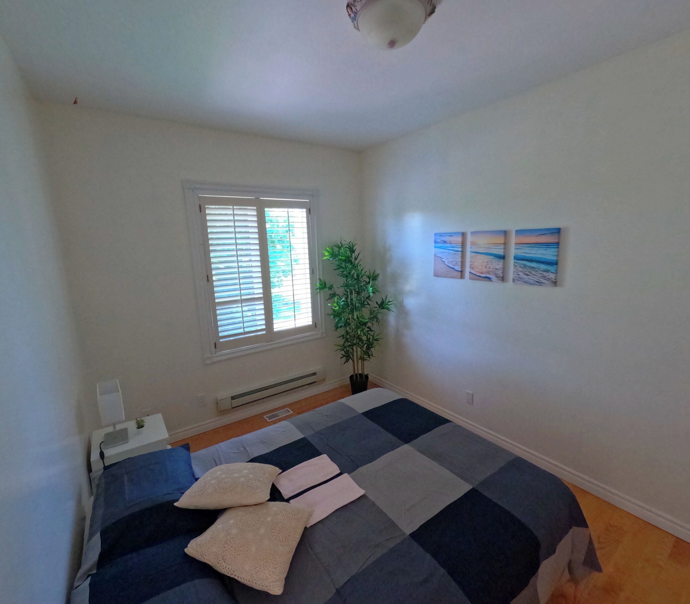 Un dormitorio con cama, ventana, radiador, planta y decoración en la pared.