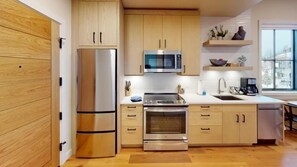 Fridge, microwave, oven, stovetop - Modern Condo | Juliette Balcony (Tamarack)