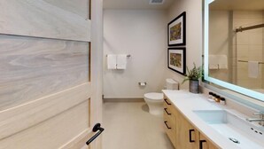A modern bathroom with a wooden door, a white sink, a mirror, and a toilet. - Forest Haven | Includes Two 1-Day Lift Tickets (Tamarack)