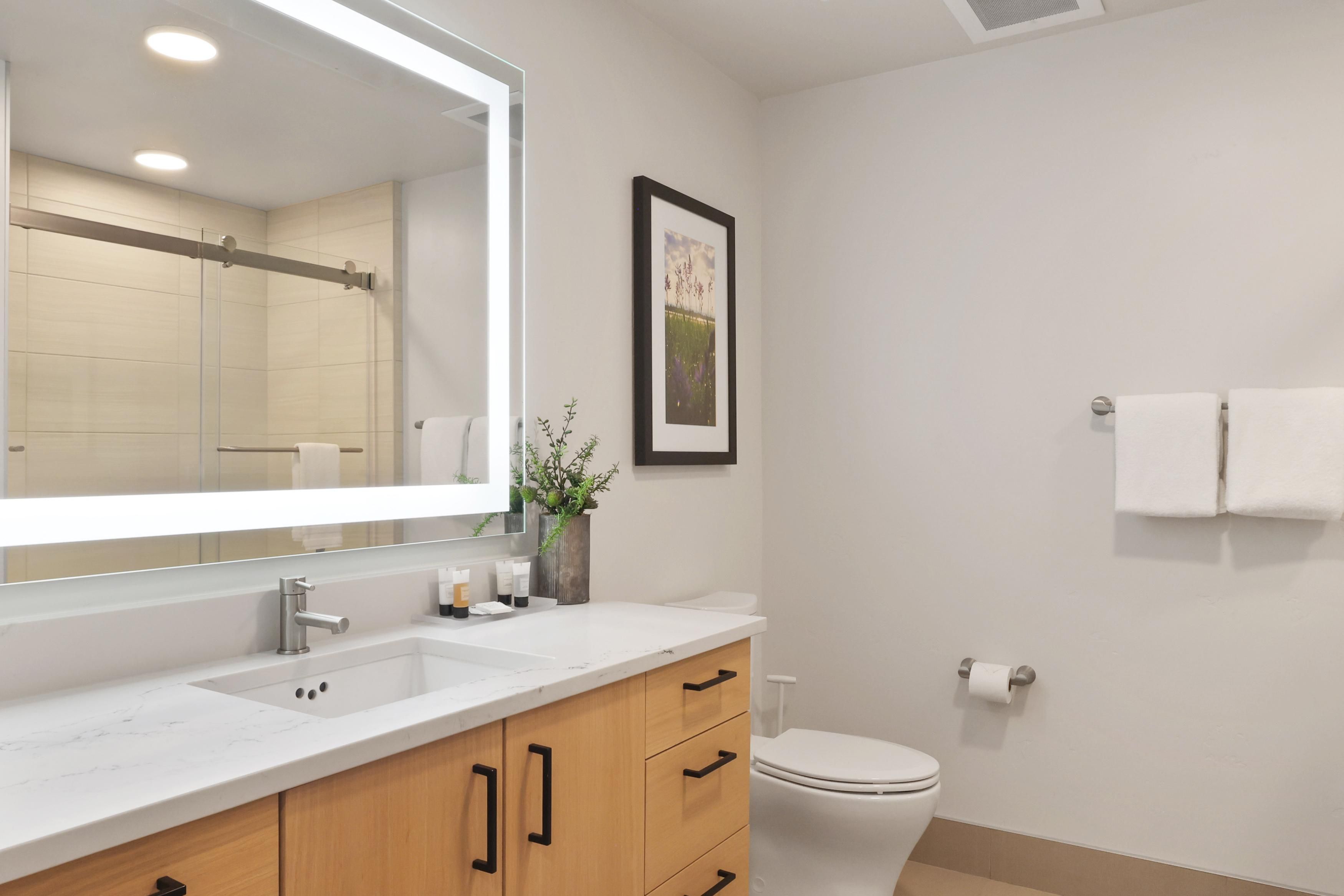 A modern bathroom with a large mirror, two sinks, a toilet, and a framed picture on the wall.