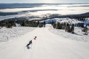 Een skipiste met skiërs die naar beneden skiën.