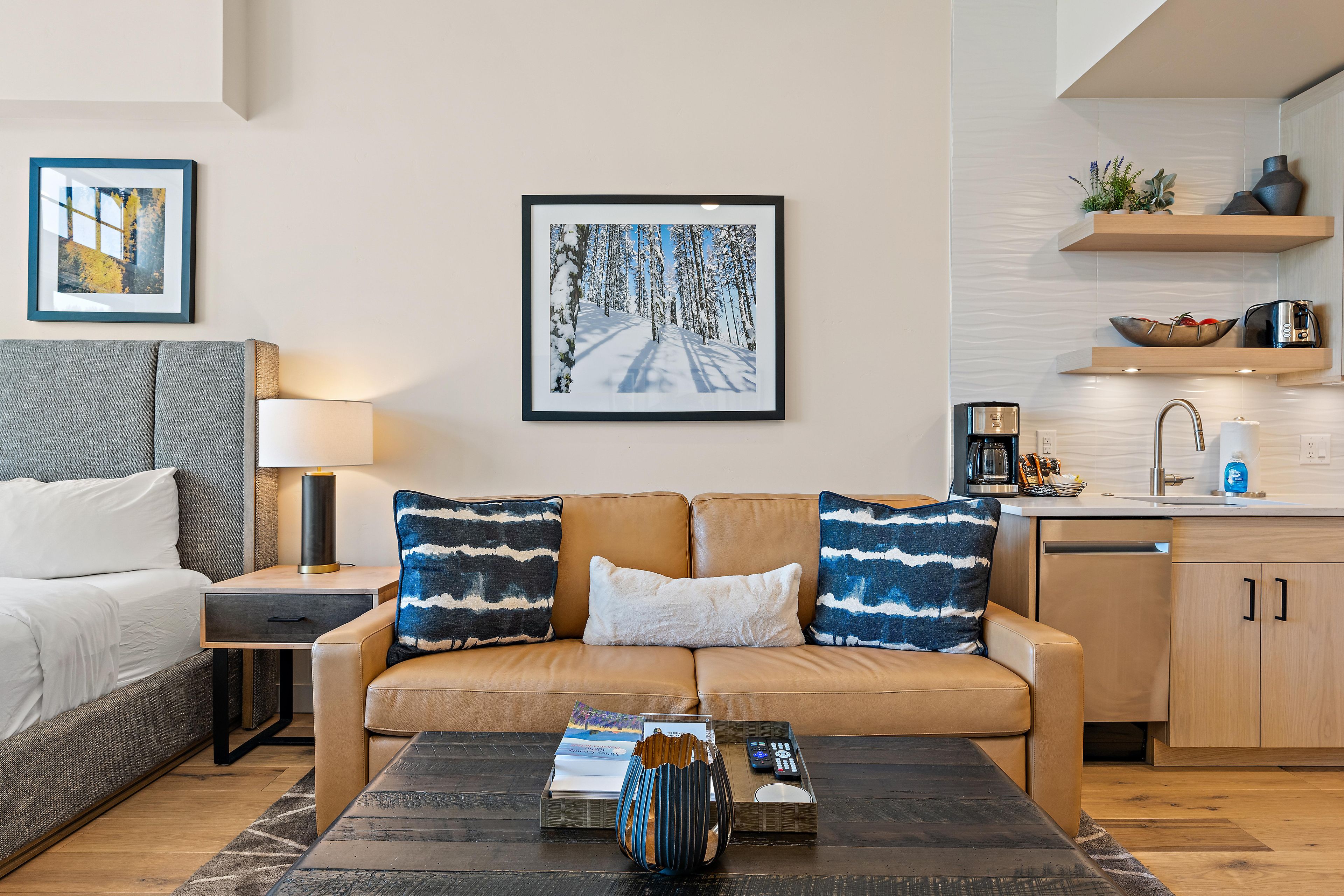 A modern living room with a sofa, coffee table, and a framed picture of a snowy forest.