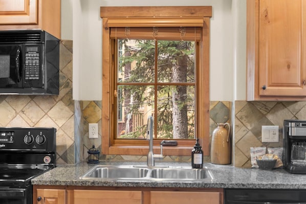 A kitchen with a granite countertop, a stainless steel sink, a black stove, a window with a view of trees, and wooden cabinets. - Base Camp | Includes Two 1-Day Lift Tickets (Tamarack)