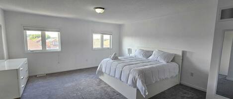 A bedroom with a bed, two windows, a dresser, and a ceiling light.