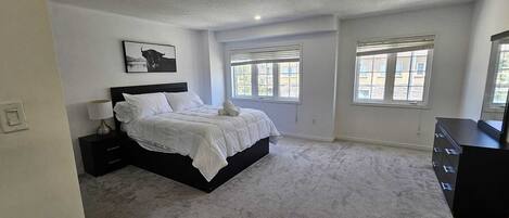 A bedroom with a bed, a nightstand, a dresser, and two windows.