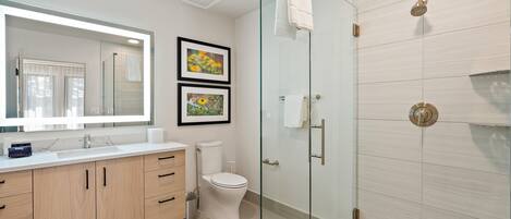 A modern bathroom with a glass shower enclosure, a toilet, and a vanity with a mirror and framed pictures.
