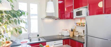 Frigorífico, microondas, horno y placa de cocina