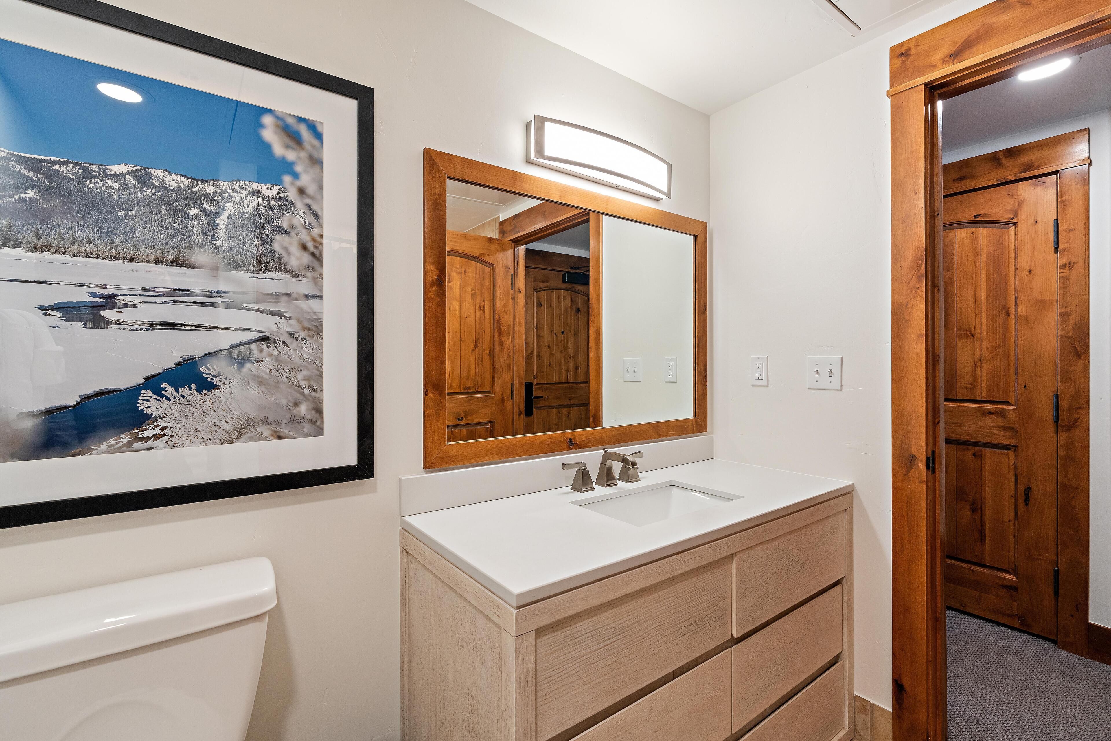 A bathroom with a white sink, wooden vanity, a large mirror, and a framed picture of a snowy landscape.