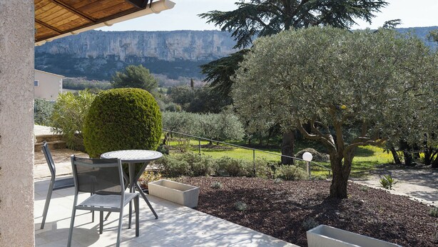 An outdoor patio with a table and chairs, a neatly trimmed bush, and a tree.