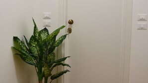 Una puerta blanca con pomo de latón, una planta en maceta con hojas variegadas y un felpudo de madera con la palabra "Hello" en la entrada de un hotel.