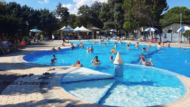 Une grande piscine extérieure dotée de plusieurs couloirs de nage, entourée de chaises longues et de parasols.