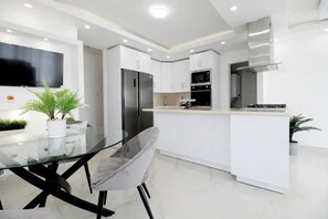 Fridge, microwave, oven, stovetop