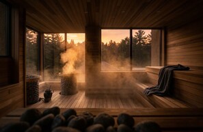A sauna with a view of trees and a sunset, wooden benches, and a stone heater. - Nomi - 302 and 315  King Room (Harcourt)