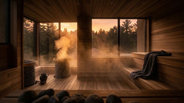 A sauna with a view of trees and a sunset, wooden benches, and a stone heater. - Nomi - 305 Queen Studio (Family Room) (Harcourt)