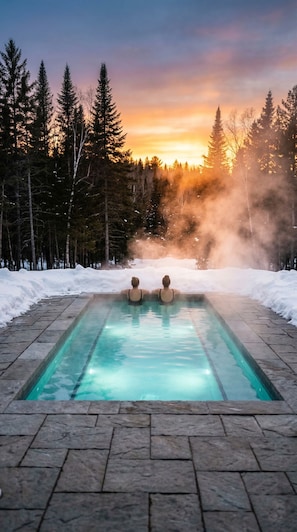 A rectangular pool with two people sitting at the end, surrounded by snow and trees, with a sunset in the background.