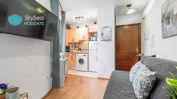 Um espaço de estar compacto com cozinha americana, um sofá cinza com almofada estampada e uma televisão exibindo o logotipo da SkySea Holidays.