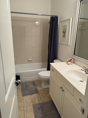 Hair dryer, towels, soap, toilet paper