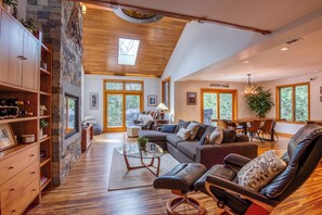 Smart TV, chimenea y libros 