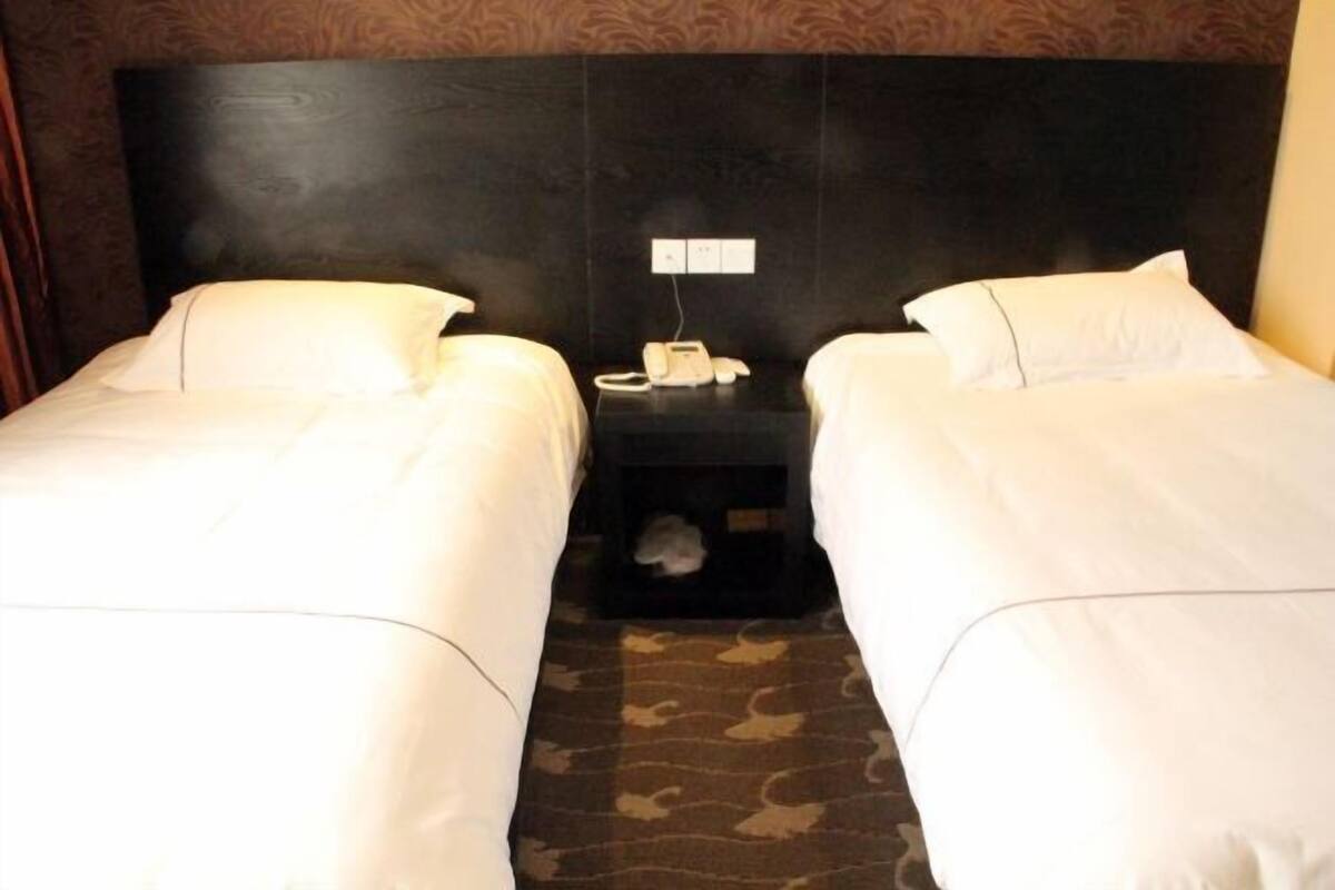 Une chambre d’hôtel avec deux lits, une table de chevet avec un téléphone et une moquette à motifs.