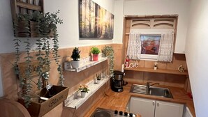 Eine kleine Küche mit Herd, Spüle und Holzschränken. Auf den Regalen stehen Blumentöpfe und es gibt ein Fenster mit Vorhängen.