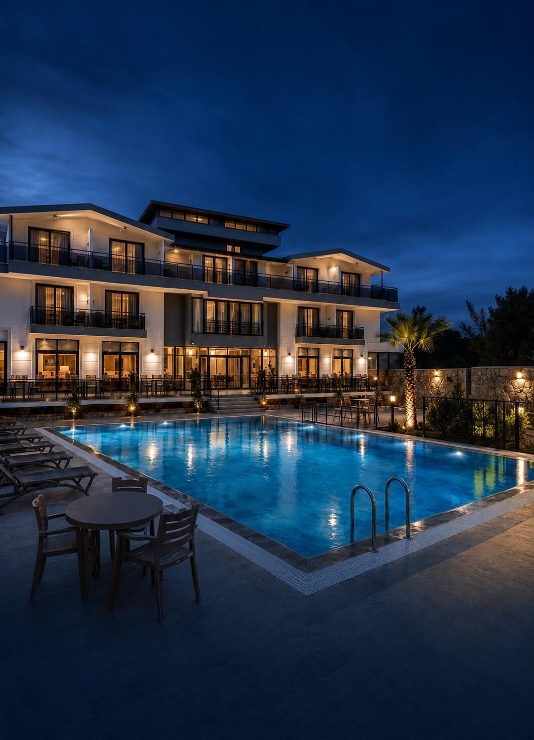 Un hotel de varios pisos con piscina, zona de estar exterior y fachada bien iluminada.