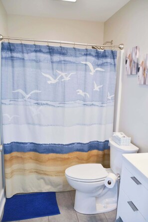 Shower, hair dryer, shampoo