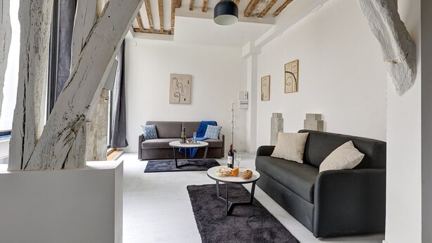A modern living room with a grey sofa, a black sofa, and a coffee table. There are abstract paintings on the wall and a black rug on the floor. - 377 Suite Stella - Superb apartment in Paris (Paris 03 Temple)