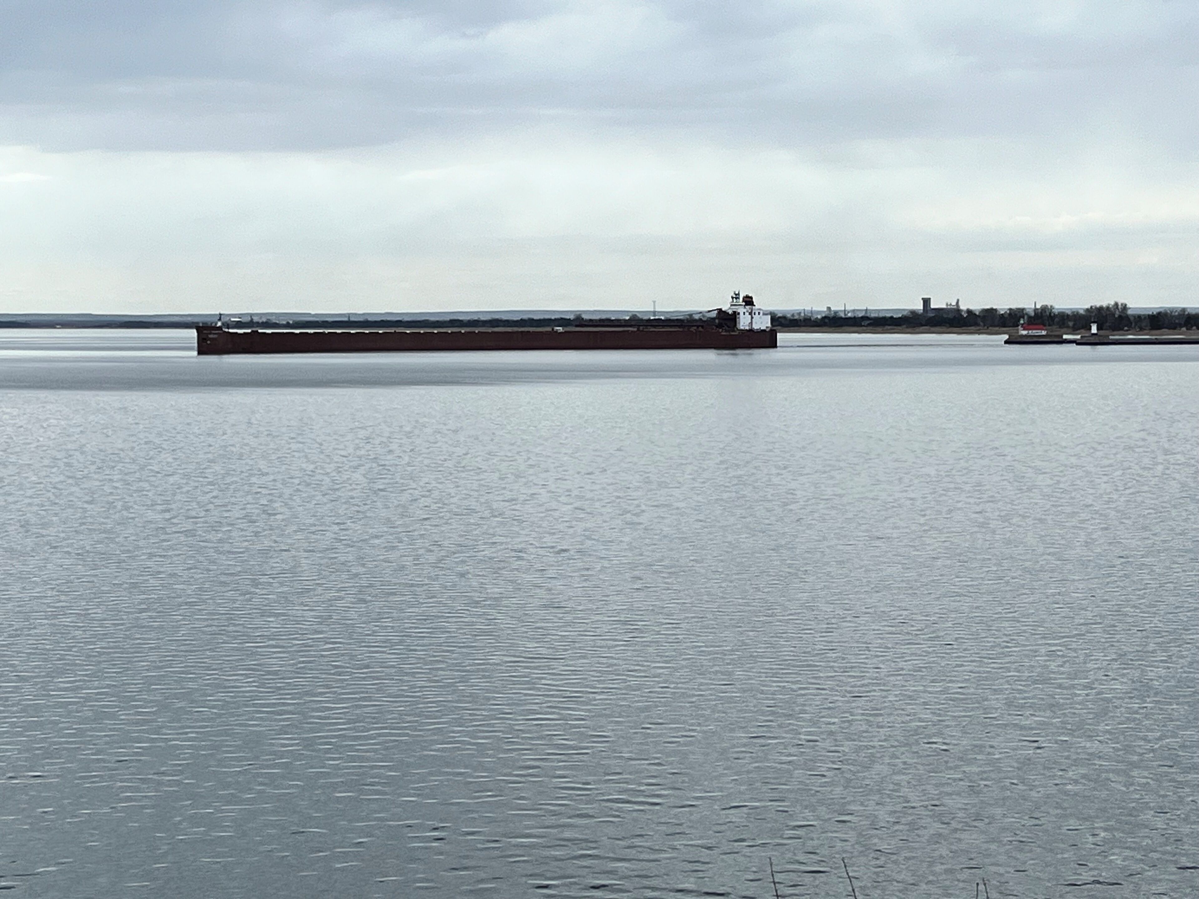Un buque de carga grande sobre aguas tranquilas, con una costa lejana y estructuras industriales.