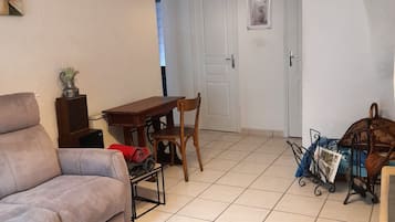 TV, fireplace, DVD player, books
