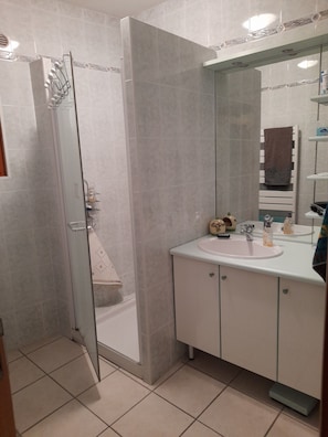 Hair dryer, towels, soap, shampoo
