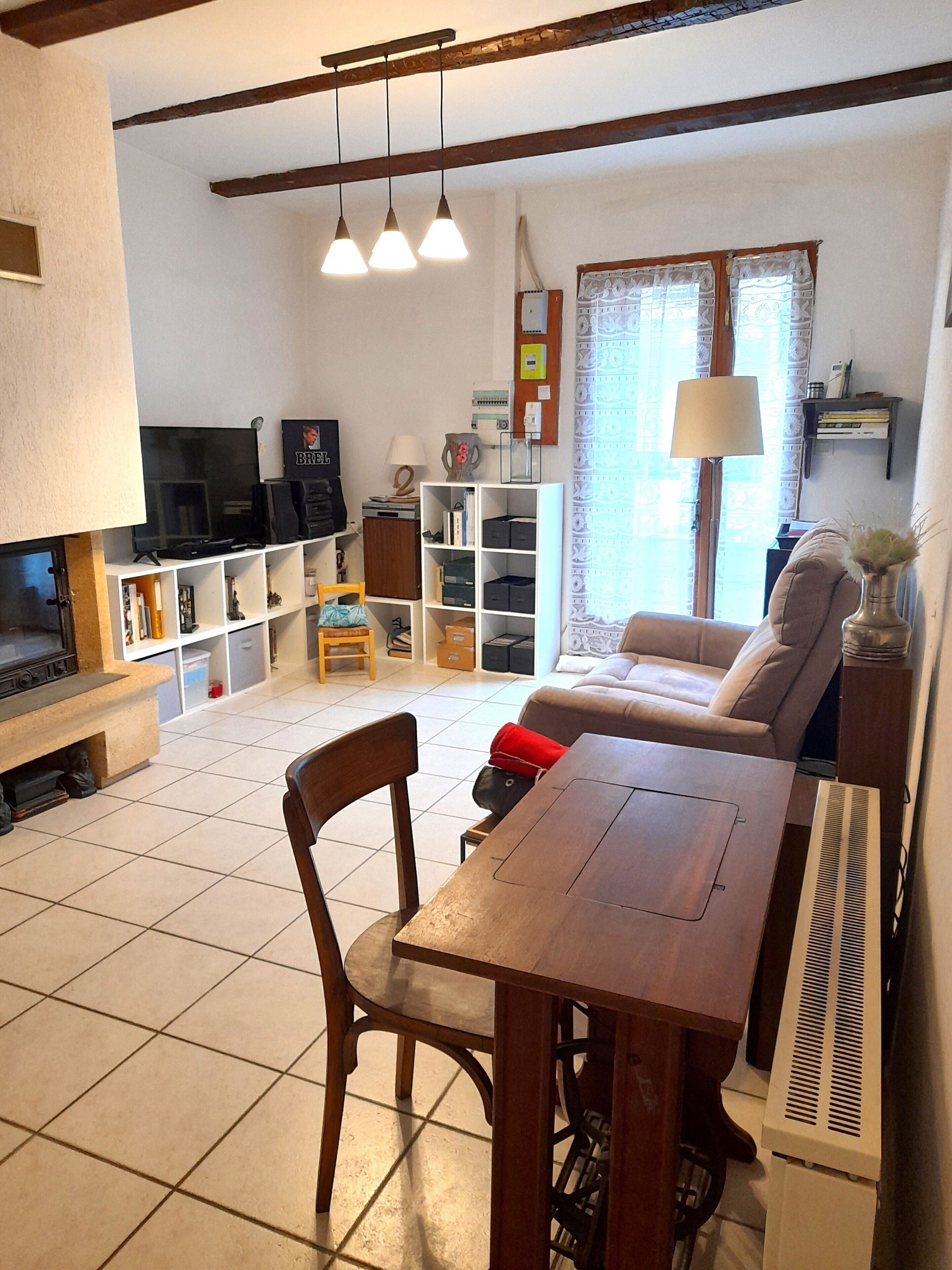 Télévision, cheminée, lecteur de DVD, livres