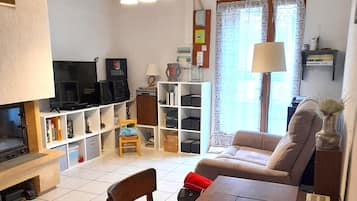 TV, fireplace, DVD player, books