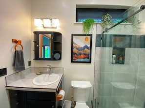 Shower, hair dryer, towels, soap