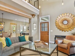 TV connectée, cheminée, lecteur de DVD, livres