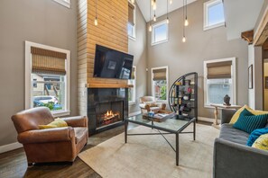 TV connectée, cheminée, lecteur de DVD, livres