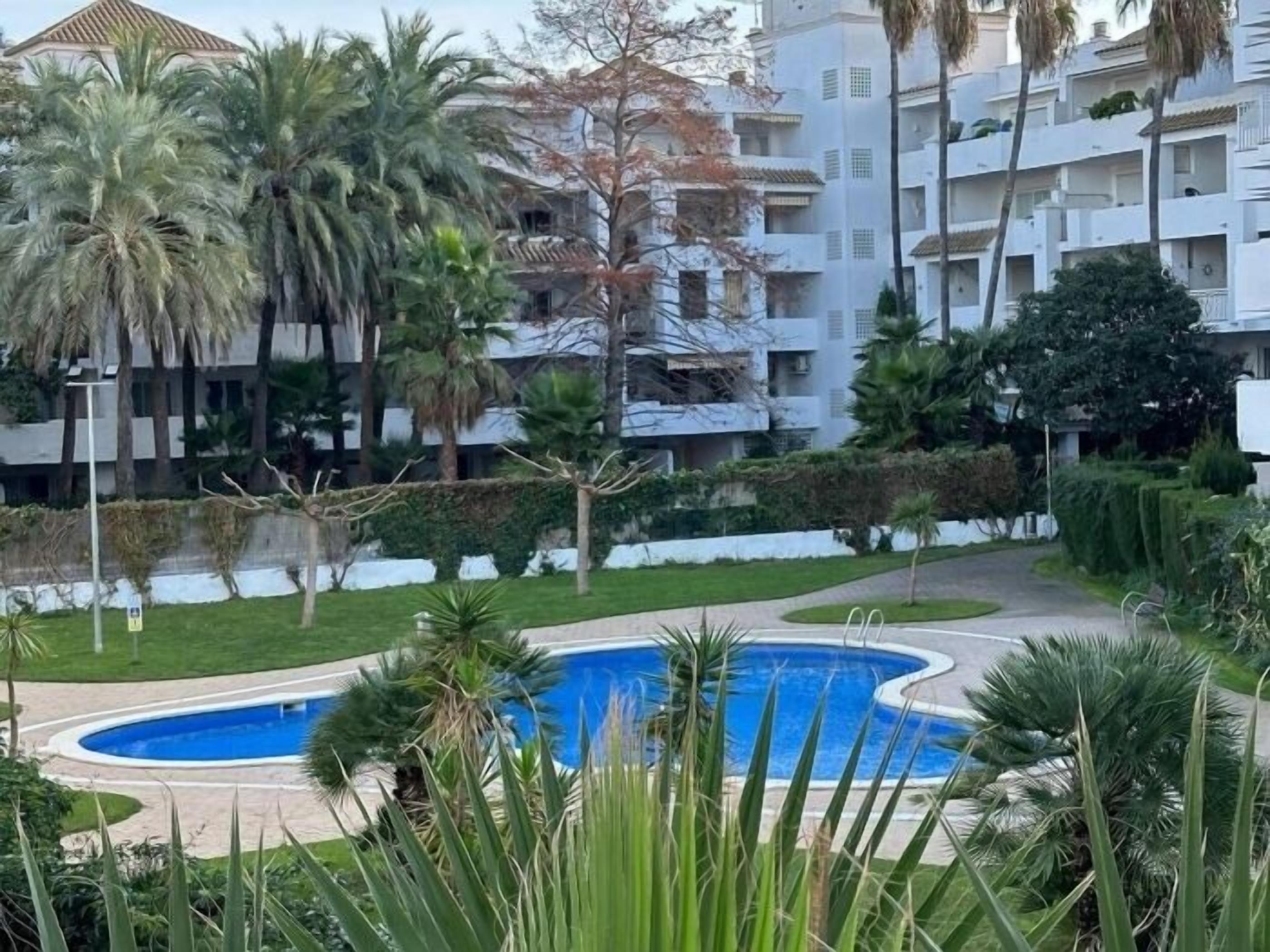 A residential area with a swimming pool, palm trees, and multi-story buildings.