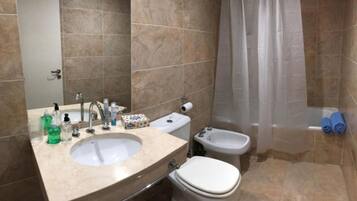 Hair dryer, bidet, towels, soap