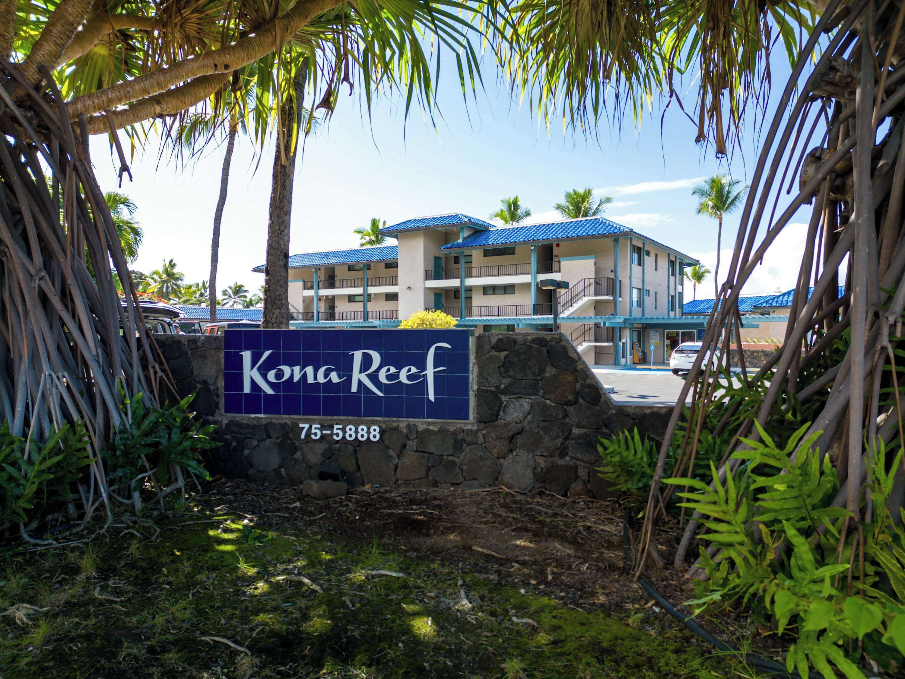 A sign for Kona Reef with a stone wall and tropical vegetation.